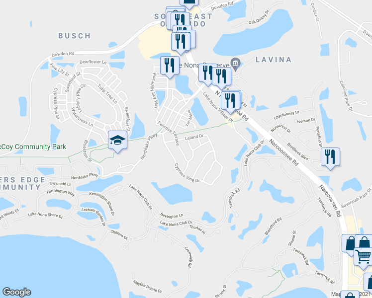 map of restaurants, bars, coffee shops, grocery stores, and more near 10007 Fenrose Terrace in Orlando