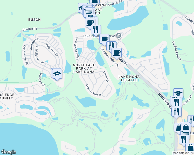 map of restaurants, bars, coffee shops, grocery stores, and more near 10023 Silk Grass Drive in Orlando