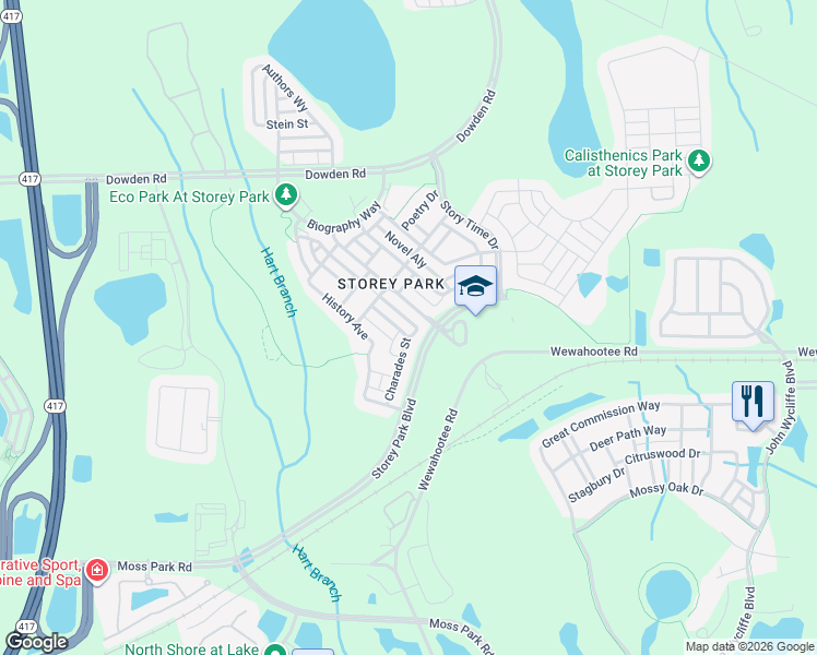 map of restaurants, bars, coffee shops, grocery stores, and more near Storey Park Boulevard in Orlando