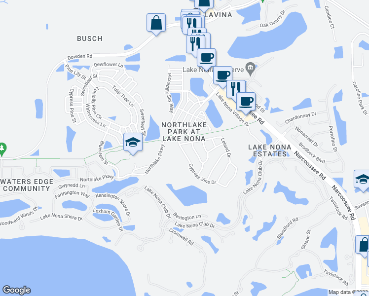 map of restaurants, bars, coffee shops, grocery stores, and more near 9957 Cypress Vine Drive in Orlando