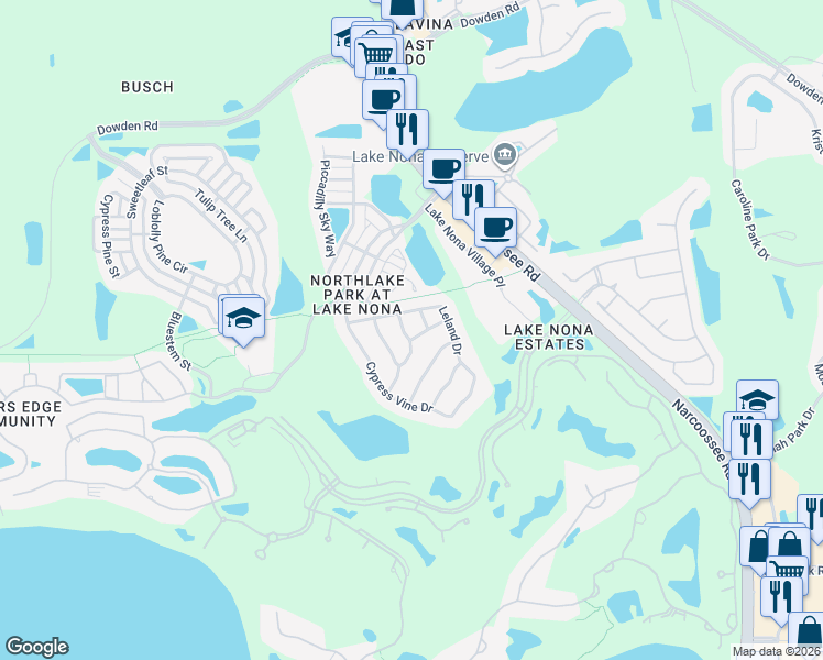 map of restaurants, bars, coffee shops, grocery stores, and more near 10019 Silk Grass Drive in Orlando