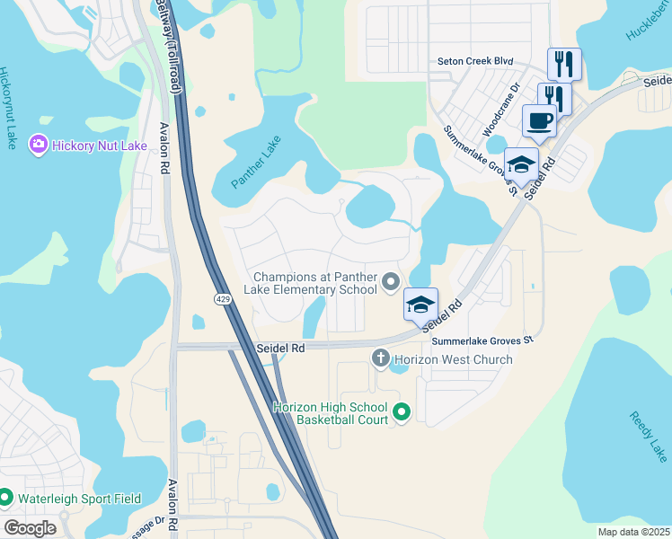 map of restaurants, bars, coffee shops, grocery stores, and more near 15732 Shorebird Lane in Winter Garden