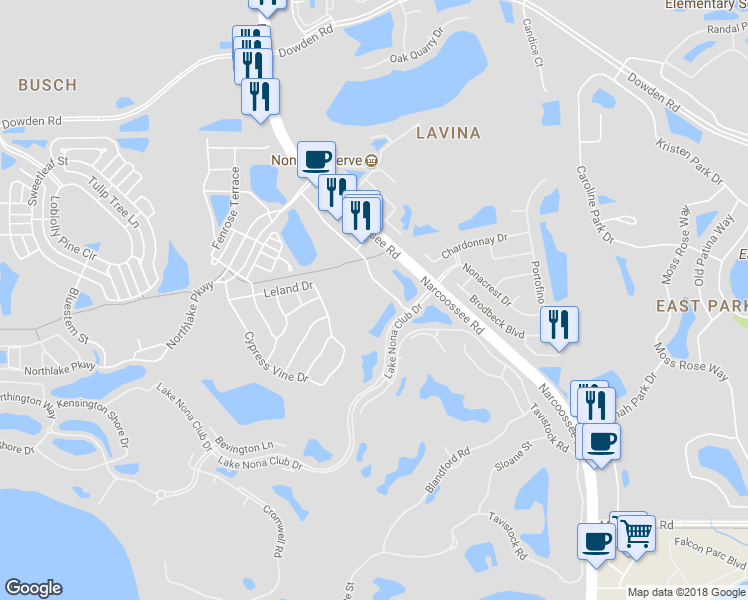 map of restaurants, bars, coffee shops, grocery stores, and more near 9757 Lake Nona Club Drive in Orlando
