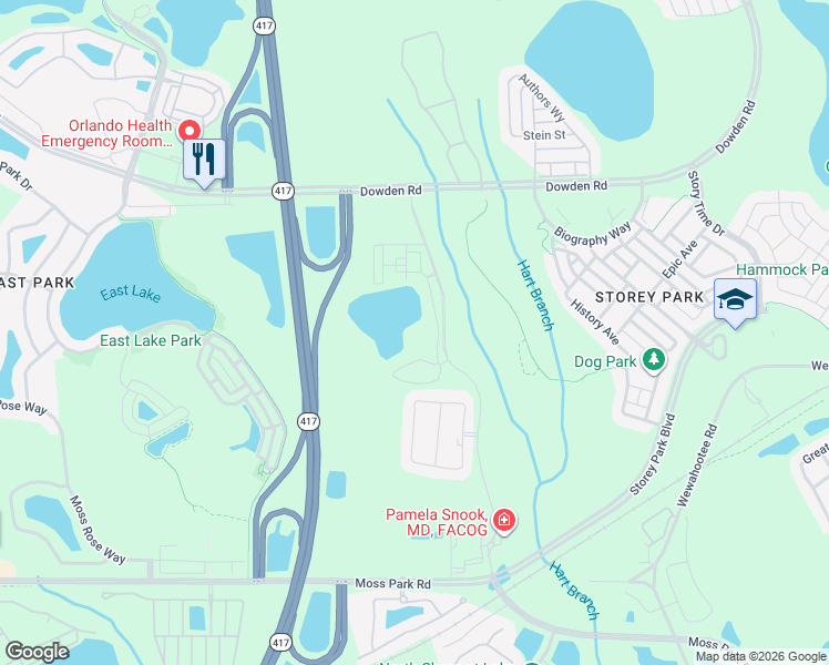 map of restaurants, bars, coffee shops, grocery stores, and more near Moss Park Boulevard in Orlando