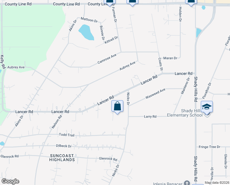 map of restaurants, bars, coffee shops, grocery stores, and more near 15255 Lancer Road in Spring Hill