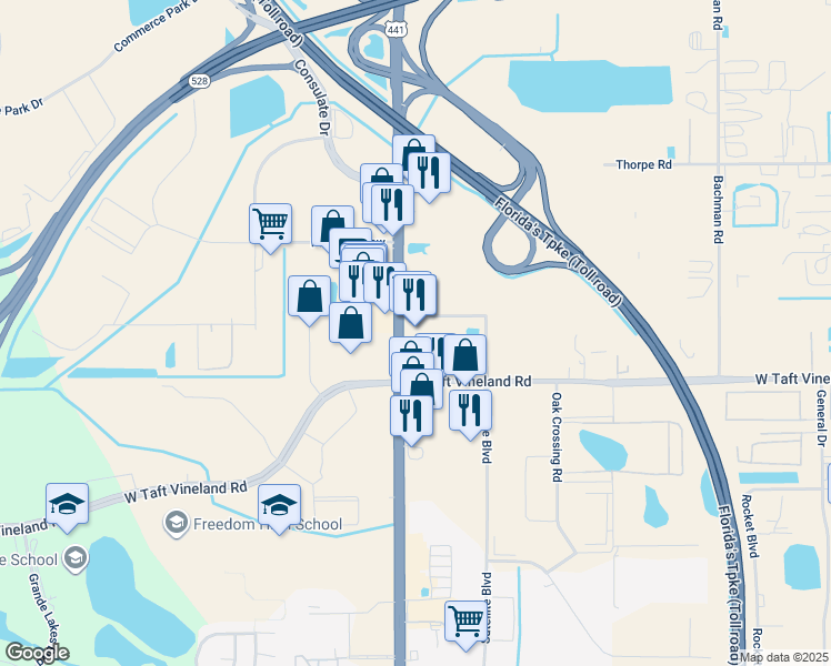 map of restaurants, bars, coffee shops, grocery stores, and more near 9421 South Orange Blossom Trail in Orlando