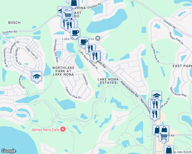 map of restaurants, bars, coffee shops, grocery stores, and more near 9801 Lake Nona Village Place in Orlando