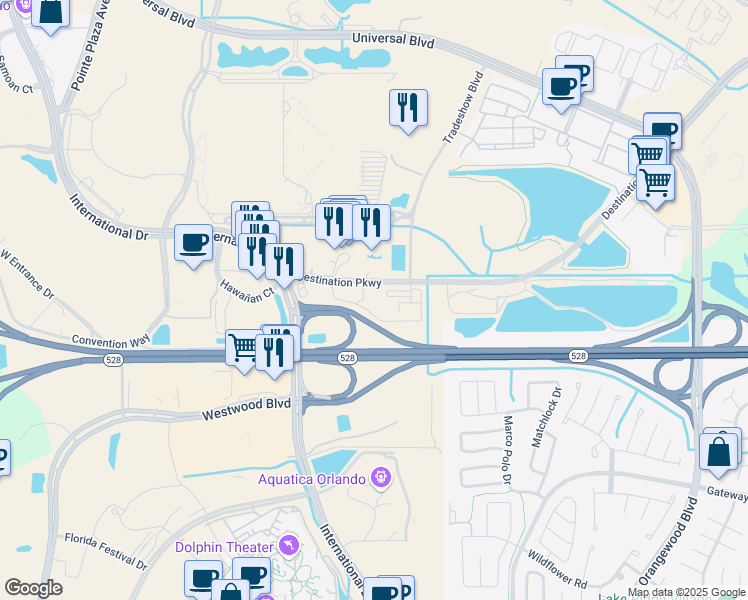 map of restaurants, bars, coffee shops, grocery stores, and more near 5980 Destination Parkway in Orlando