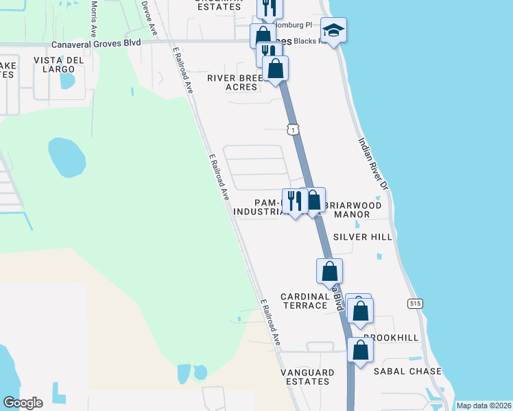 map of restaurants, bars, coffee shops, grocery stores, and more near 771 Tupelo Circle in Cocoa