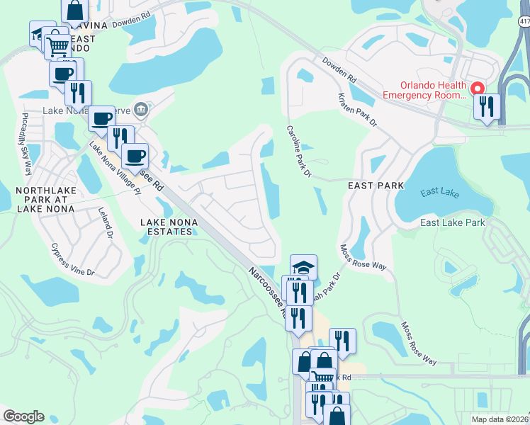 map of restaurants, bars, coffee shops, grocery stores, and more near 9797 Portofino Drive in Orlando