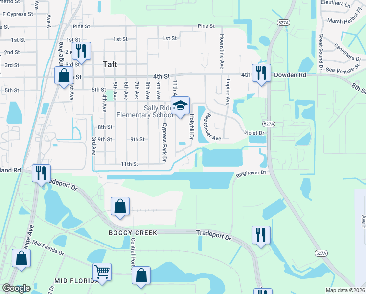 map of restaurants, bars, coffee shops, grocery stores, and more near 9780 Hollyhill Drive in Orlando