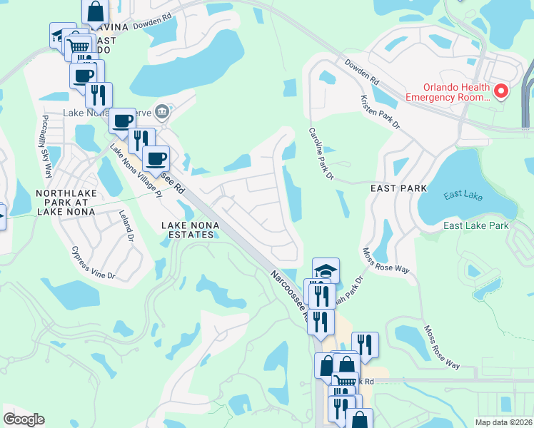 map of restaurants, bars, coffee shops, grocery stores, and more near 9916 Spring Stone Court in Orlando
