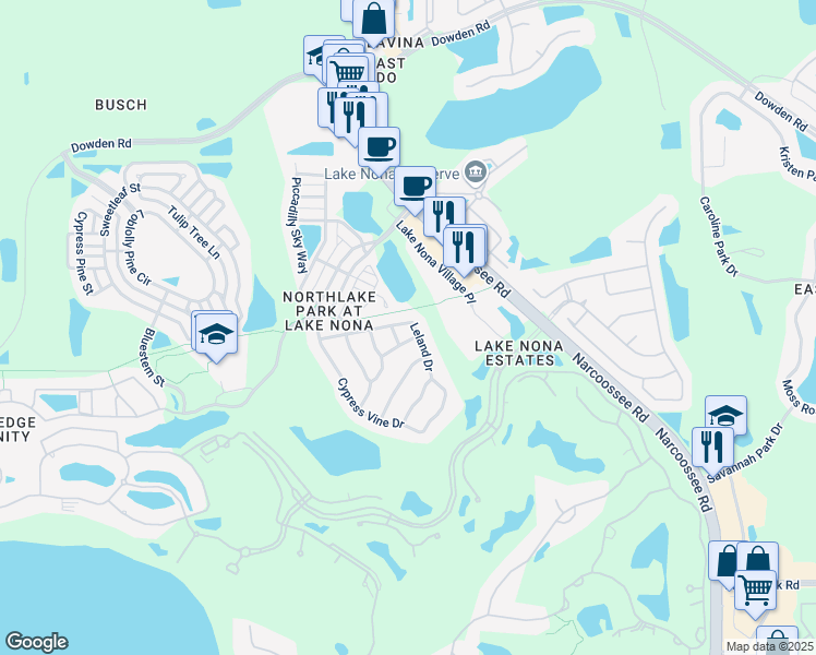 map of restaurants, bars, coffee shops, grocery stores, and more near 9644 Leland Drive in Orlando
