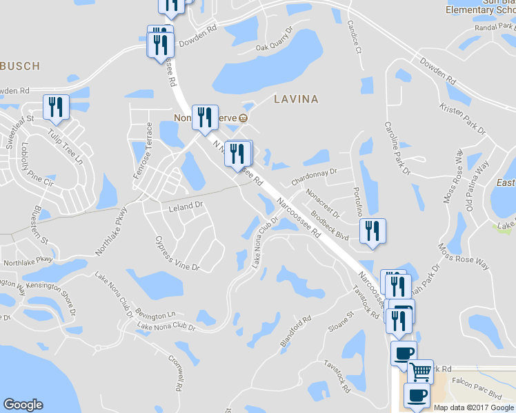 map of restaurants, bars, coffee shops, grocery stores, and more near 9801 Lake Nona Village Place in Orlando