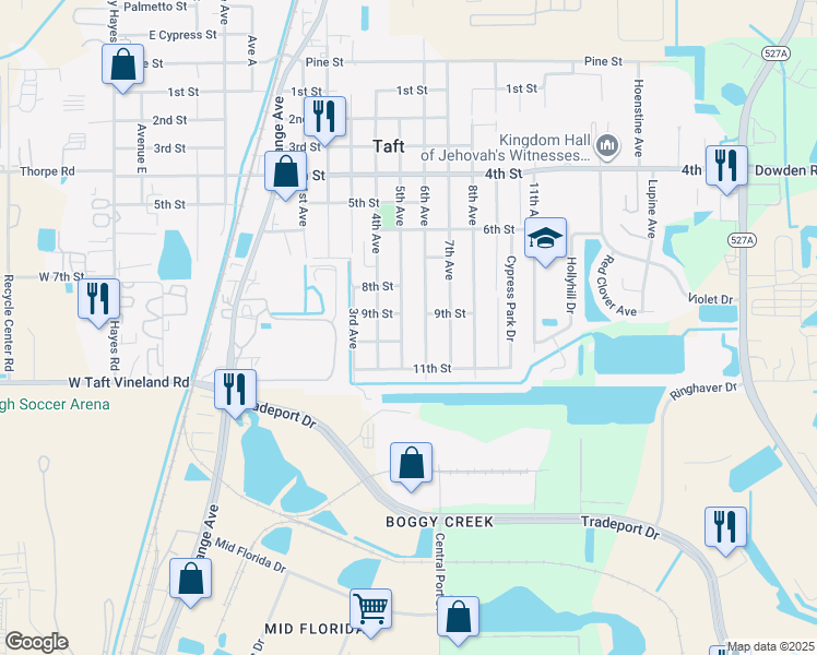 map of restaurants, bars, coffee shops, grocery stores, and more near 9867 5th Ave in Orlando