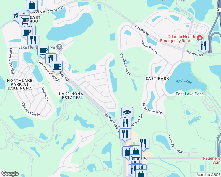 map of restaurants, bars, coffee shops, grocery stores, and more near 9797 Portofino Drive in Orlando