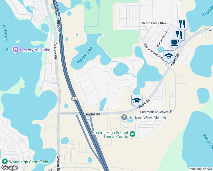 map of restaurants, bars, coffee shops, grocery stores, and more near 15732 Shorebird Lane in Winter Garden