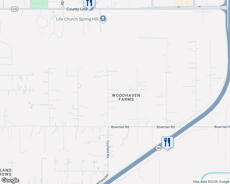 map of restaurants, bars, coffee shops, grocery stores, and more near 18250 Caufield Road in Spring Hill