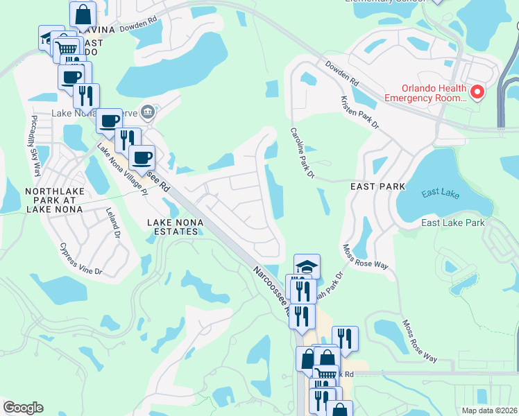 map of restaurants, bars, coffee shops, grocery stores, and more near 9916 Spring Stone Court in Orlando