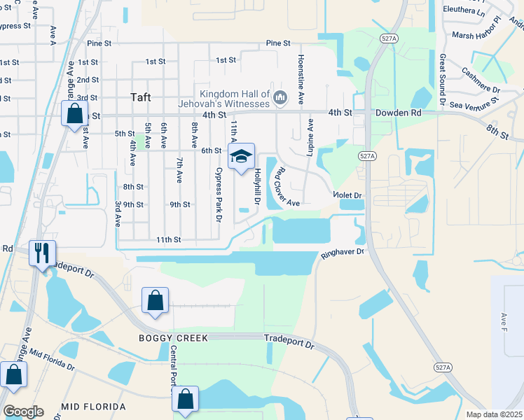map of restaurants, bars, coffee shops, grocery stores, and more near 9747 Hollyhill Drive in Orlando