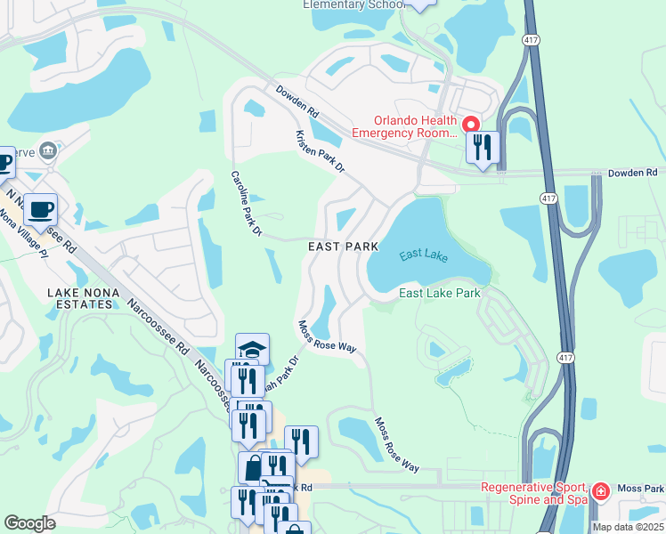 map of restaurants, bars, coffee shops, grocery stores, and more near 9824 Old Patina Way in Orlando