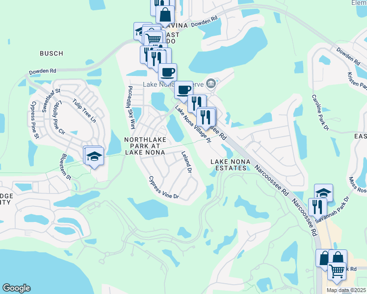 map of restaurants, bars, coffee shops, grocery stores, and more near 9644 Leland Drive in Orlando