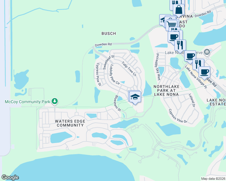 map of restaurants, bars, coffee shops, grocery stores, and more near 9698 Sweetleaf Street in Orlando