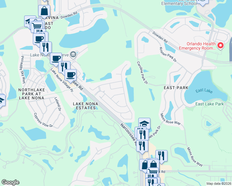 map of restaurants, bars, coffee shops, grocery stores, and more near 9916 Spring Stone Court in Orlando