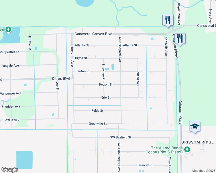 map of restaurants, bars, coffee shops, grocery stores, and more near 4425 Shawnee Place in Cocoa