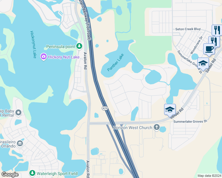 map of restaurants, bars, coffee shops, grocery stores, and more near 8361 Topsail Place in Winter Garden