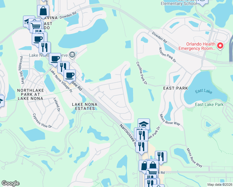 map of restaurants, bars, coffee shops, grocery stores, and more near 9916 Spring Stone Court in Orlando