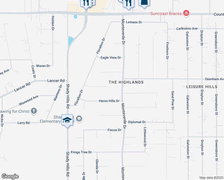 map of restaurants, bars, coffee shops, grocery stores, and more near 16351 Heron Hills Drive in Spring Hill