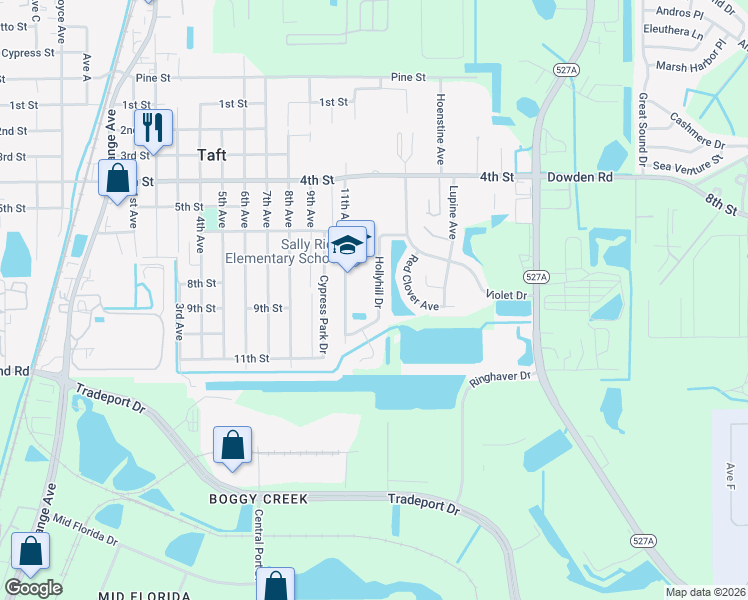 map of restaurants, bars, coffee shops, grocery stores, and more near 9780 Hollyhill Drive in Orlando