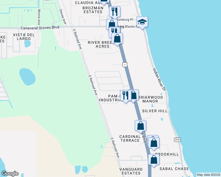 map of restaurants, bars, coffee shops, grocery stores, and more near 771 Tupelo Circle in Cocoa