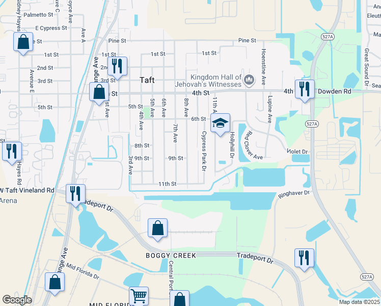 map of restaurants, bars, coffee shops, grocery stores, and more near 9739 8th Avenue in Orlando