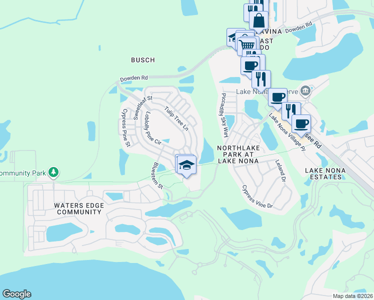 map of restaurants, bars, coffee shops, grocery stores, and more near 9908 Loblolly Pine Circle in Orlando