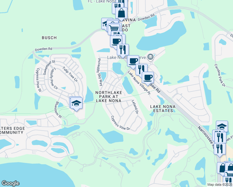 map of restaurants, bars, coffee shops, grocery stores, and more near 115 Van Metre in Orlando