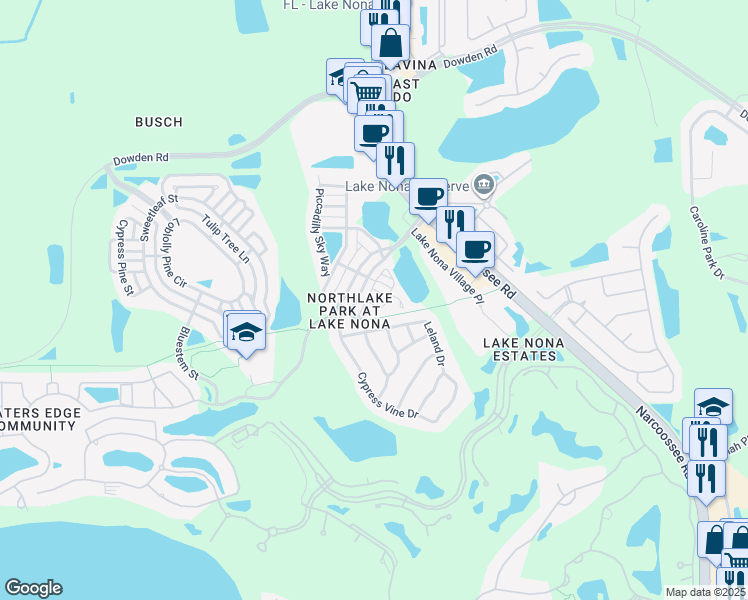 map of restaurants, bars, coffee shops, grocery stores, and more near 115 Van Metre in Orlando