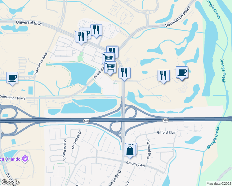 map of restaurants, bars, coffee shops, grocery stores, and more near 2 Universal Boulevard in Orlando
