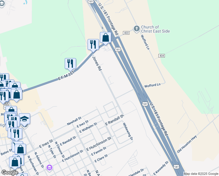 map of restaurants, bars, coffee shops, grocery stores, and more near 2001 Jones Road in Beeville