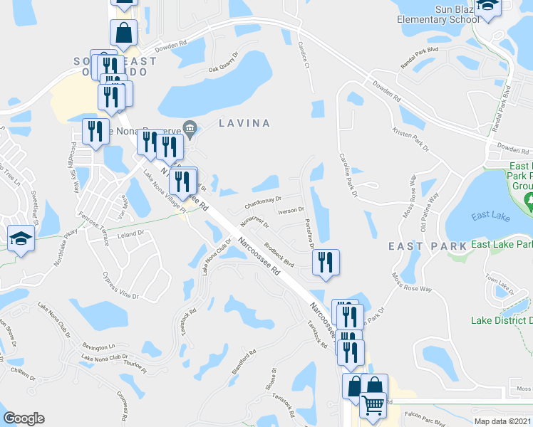 map of restaurants, bars, coffee shops, grocery stores, and more near 10020 Chardonnay Drive in Orlando