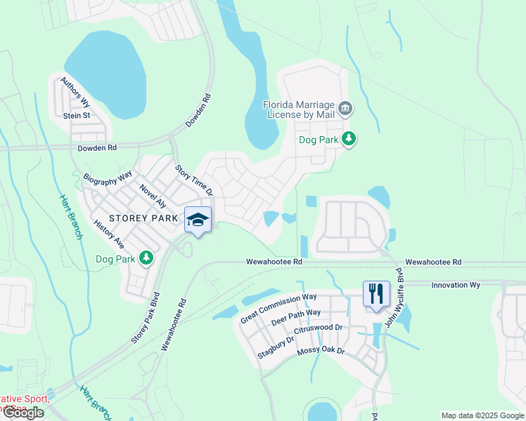 map of restaurants, bars, coffee shops, grocery stores, and more near 12501 Wewahootee Road in Orlando