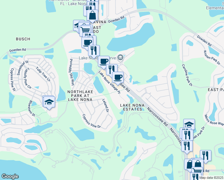 map of restaurants, bars, coffee shops, grocery stores, and more near 9682 Lake Nona Village Place in Orlando