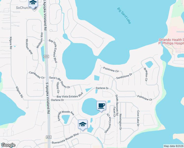 map of restaurants, bars, coffee shops, grocery stores, and more near 8409 Sand Lake Shores Court in Orlando