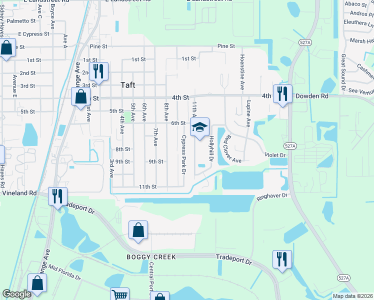 map of restaurants, bars, coffee shops, grocery stores, and more near 9735 Cypress Park Drive in Orlando