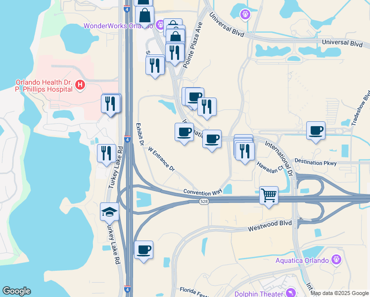 map of restaurants, bars, coffee shops, grocery stores, and more near 9800 International Drive in Orlando