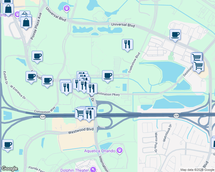 map of restaurants, bars, coffee shops, grocery stores, and more near Unnamed Road in Orlando