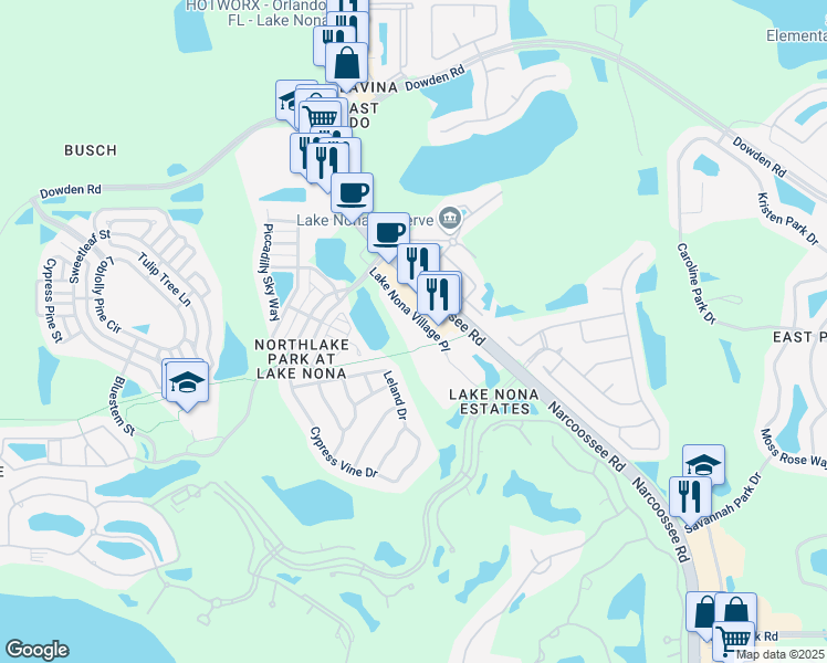 map of restaurants, bars, coffee shops, grocery stores, and more near 9682 Lake Nona Village Place in Orlando