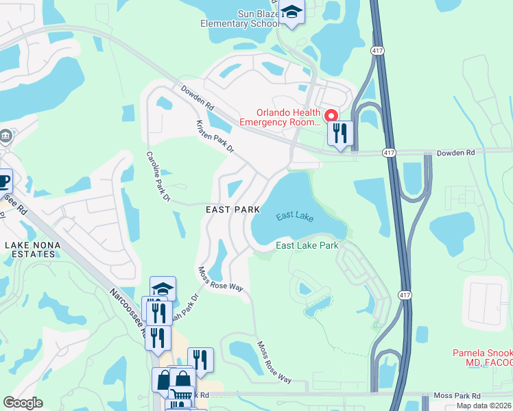 map of restaurants, bars, coffee shops, grocery stores, and more near 9768 Lake District Lane in Orlando