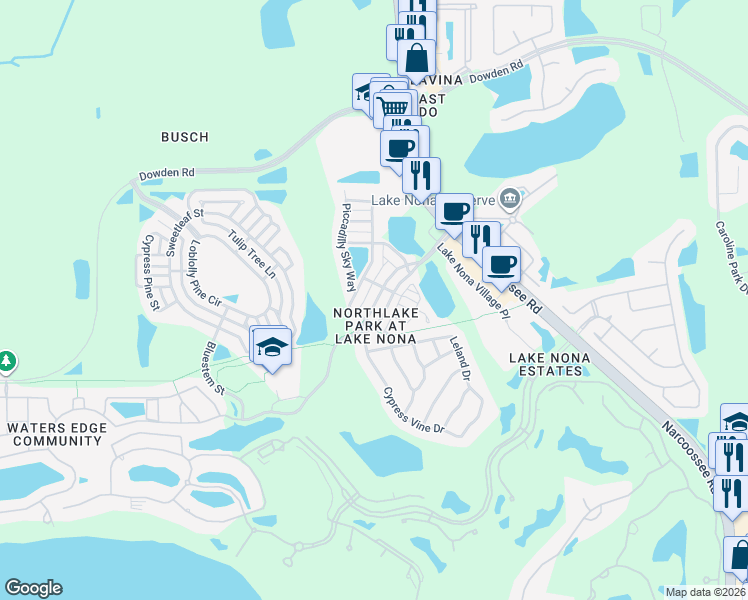 map of restaurants, bars, coffee shops, grocery stores, and more near 9245 Northlake Parkway in Orlando